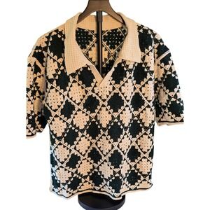 Sumwon Crochet Knit Polo Sweater Green Cream Diamond Granny Square Size M Boho